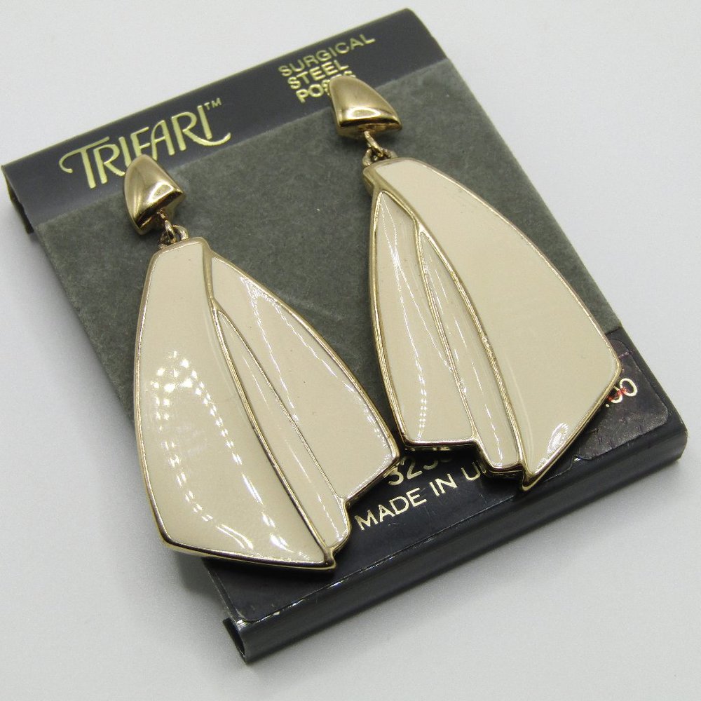 Vintage Trifari Earrings Classic 90s Contemporary Geometric Ivory Enamel